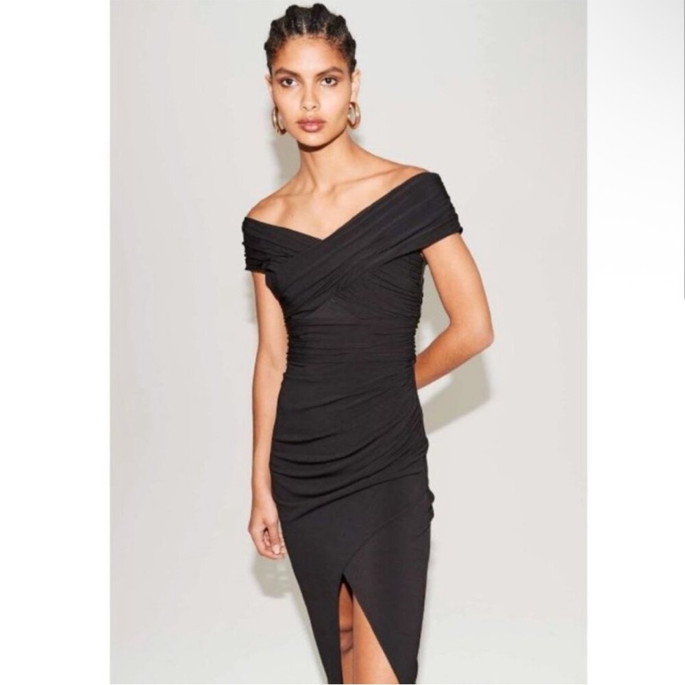 Self-Portrait Black Ruched One Shoulder midi Dress NWT